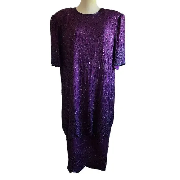 Vintage 90's Purple Beaded Short Sleeve Dress With Shoulder Pads Womens Size 2X - Picture 5 of 16